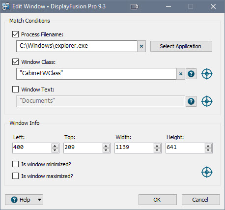 Editing an Entry in a Window Position Profile